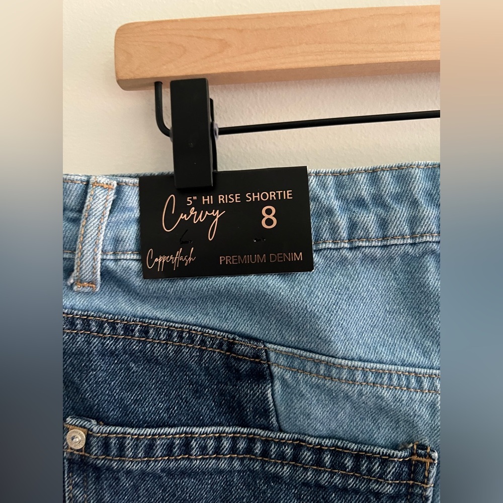 Copper Flash Hi Rise Patchwork Denim Cutoff Shortie Shorts - Picture 5 of 6